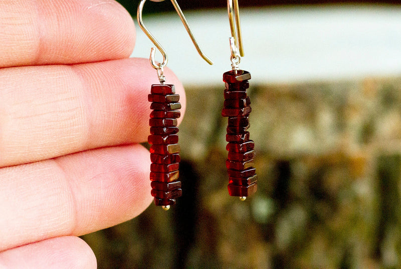 Raw Garnet Earrings - January Birthstone Drop Earrings - Capricorn Zodiac