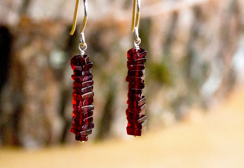 Raw Garnet Earrings - January Birthstone Drop Earrings - Capricorn Zodiac