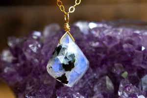 Rainbow Moonstone with Black Tourmaline Necklace - Personalized Jewelry