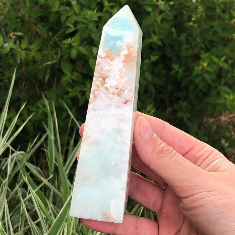 Blue Aragonoite Crystal Obelisk 128mm - Throat Chakra Aragonite Point