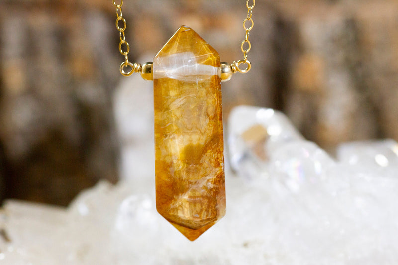 Hematoid Golden Healer Quartz Necklace - Yellow Crystal Point Necklace - Crystal Pendant - Solar Plexus Healing Jewelry - Gift for Her