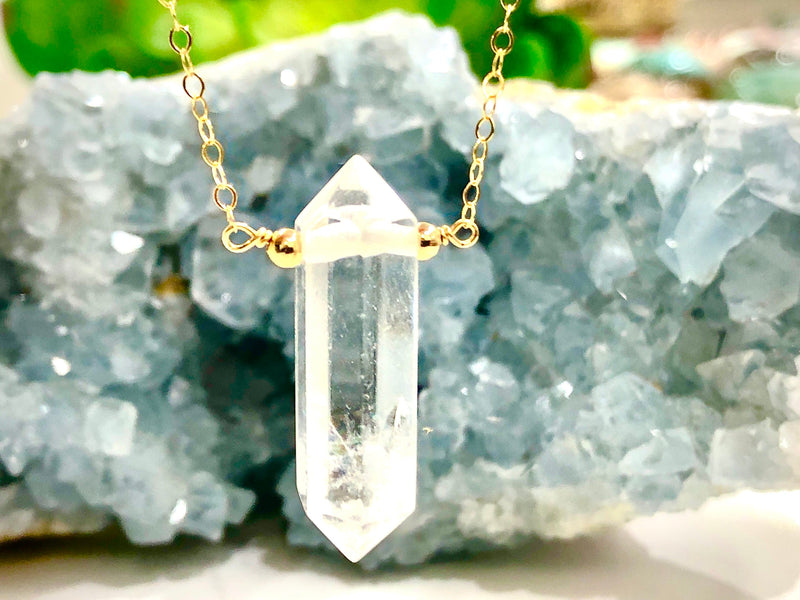 Quartz Crystal Necklace - April Birthstone Jewelry - Terminated Clear Crystal Point -  Energy Healing Necklace - Floating -  Gift For Her