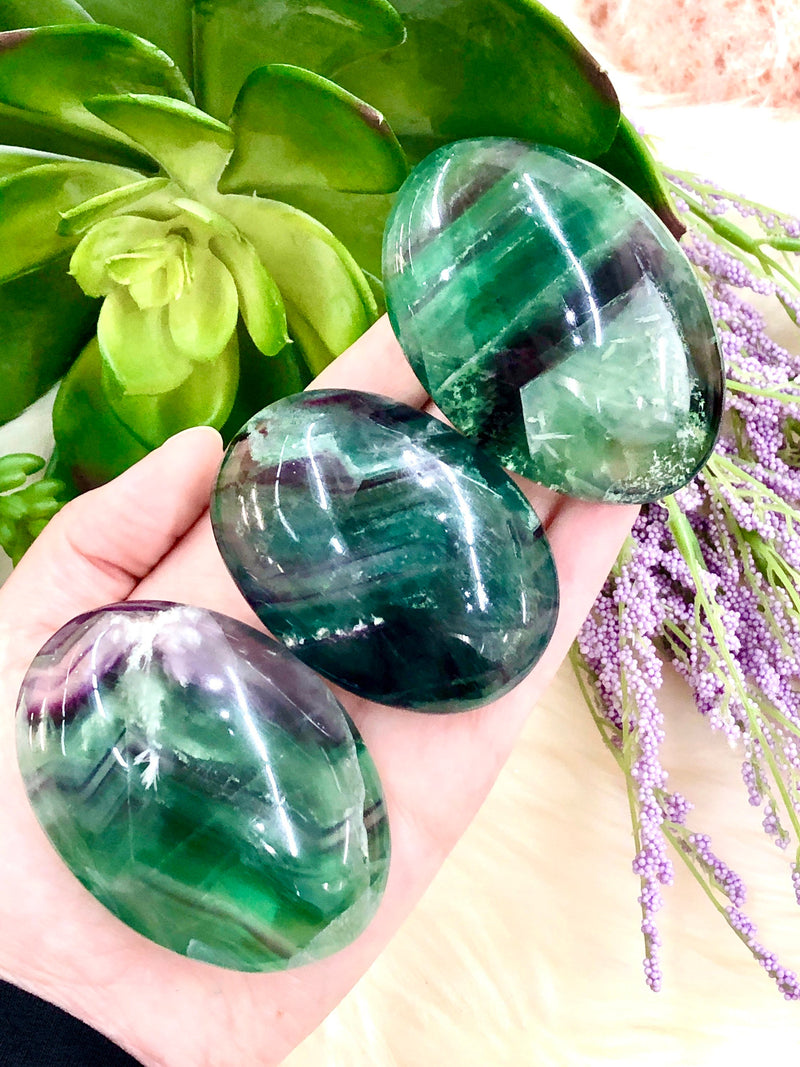 Large Rainbow Fluorite Palm Stone - Protection Stones - Chakra Cleansing Stone - Crystal Grid - Meditation Stone - Altar Decor - Reiki Stone