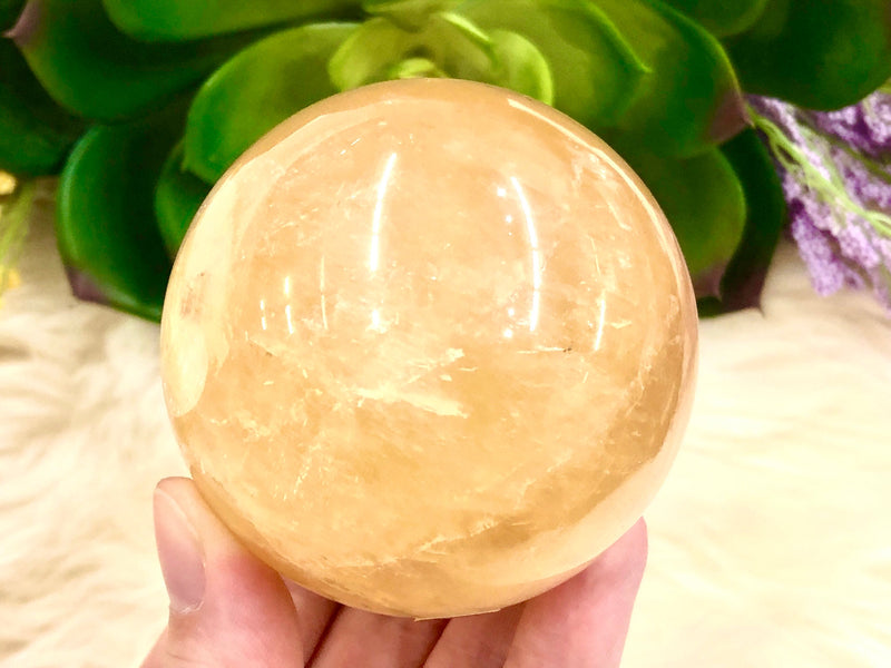 Honey Calcite Sphere 63mm MO - Yellow Calcite Ball  - Solar Plexus Chakra Stone - Healing Crystals - Crystal Grid - Altar Decor