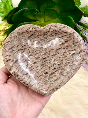 Peach Moonstone with Smoky Quartz Heart-Shaped Dish 84mm PI - Heart Chakra - Solar Plexus Chakra - Crystal Grid - Altar Decor - Meditation