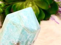 Blue Aragonite Crystal Obelisk 93mm MV- Blue Aragonite Generator - Crystal Grid - Throat Chakra - Blue Aragonite Point - Caribbean Calcite