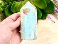 Blue Aragonite Crystal Obelisk 93mm MV- Blue Aragonite Generator - Crystal Grid - Throat Chakra - Blue Aragonite Point - Caribbean Calcite