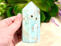 Blue Aragonite Crystal Obelisk 93mm MV- Blue Aragonite Generator - Crystal Grid - Throat Chakra - Blue Aragonite Point - Caribbean Calcite