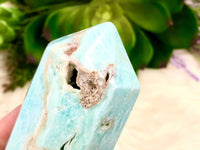 Blue Aragonite Crystal Obelisk 93mm MV- Blue Aragonite Generator - Crystal Grid - Throat Chakra - Blue Aragonite Point - Caribbean Calcite