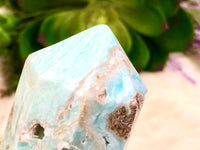 Blue Aragonite Crystal Obelisk 93mm MV- Blue Aragonite Generator - Crystal Grid - Throat Chakra - Blue Aragonite Point - Caribbean Calcite