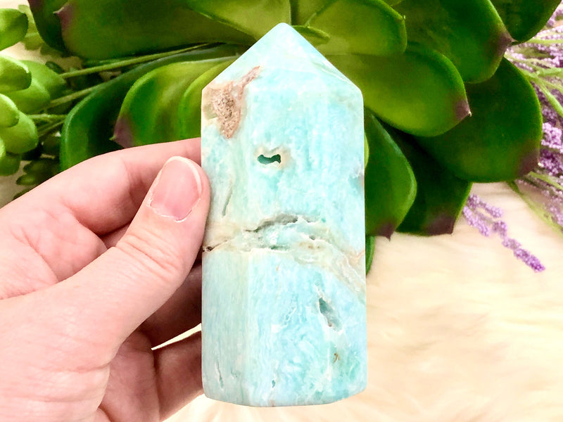 Blue Aragonite Crystal Obelisk 93mm MV- Blue Aragonite Generator - Crystal Grid - Throat Chakra - Blue Aragonite Point - Caribbean Calcite