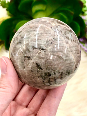 Peach Moonstone with Smoky Quartz Sphere 63mm QH - Heart Chakra - Solar Plexus Chakra - Crystal Grid - Altar Decor - Meditation Crystal