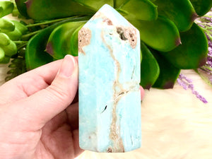 Blue Aragonite Crystal Obelisk 93mm MV- Blue Aragonite Generator - Crystal Grid - Throat Chakra - Blue Aragonite Point - Caribbean Calcite