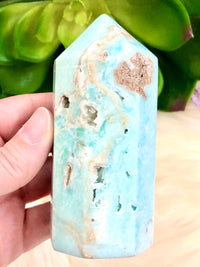 Blue Aragonite Crystal Obelisk 93mm MV- Blue Aragonite Generator - Crystal Grid - Throat Chakra - Blue Aragonite Point - Caribbean Calcite