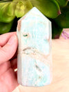 Blue Aragonite Crystal Obelisk 93mm MV- Blue Aragonite Generator - Crystal Grid - Throat Chakra - Blue Aragonite Point - Caribbean Calcite