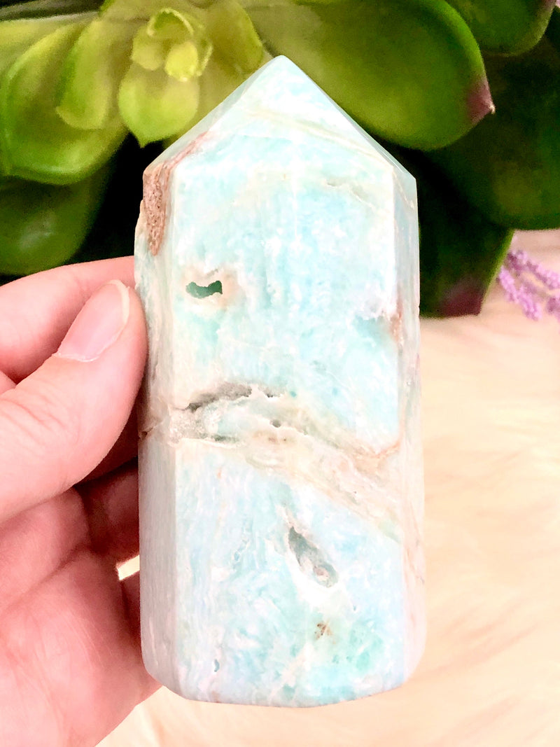 Blue Aragonite Crystal Obelisk 93mm MV- Blue Aragonite Generator - Crystal Grid - Throat Chakra - Blue Aragonite Point - Caribbean Calcite