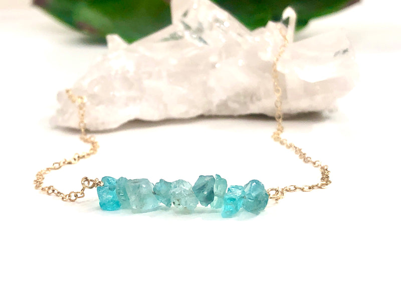 Blue Apatite Bar Necklace - Gift For Her - Throat Chakra - Blue Stone - Communication