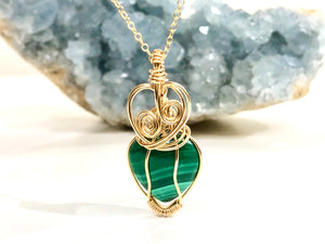 Handcrafted Wire-Wrapped Malachite Heart Goldfill Necklace