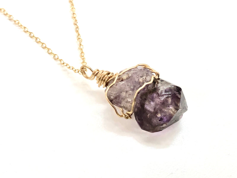 Raw Brandberg Amethyst Wire-Wrapped Pendant Necklace - Aquarius Zodiac Necklace