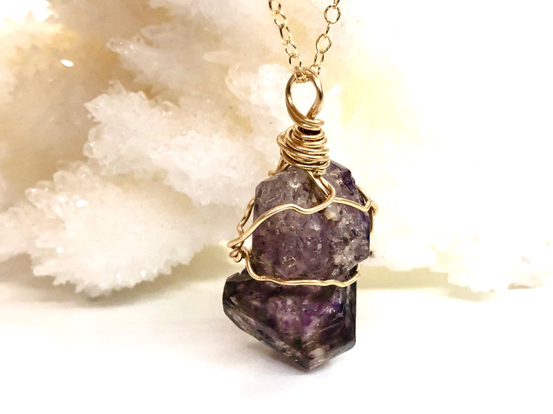 Raw Brandberg Amethyst Wire-Wrapped Pendant Necklace - Aquarius Zodiac Necklace