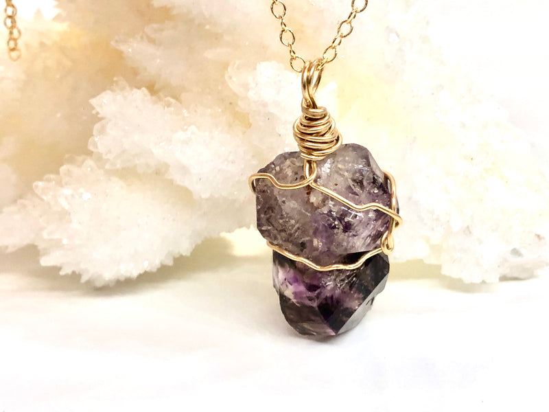 Raw Brandberg Amethyst Wire-Wrapped Pendant Necklace - Aquarius Zodiac Necklace